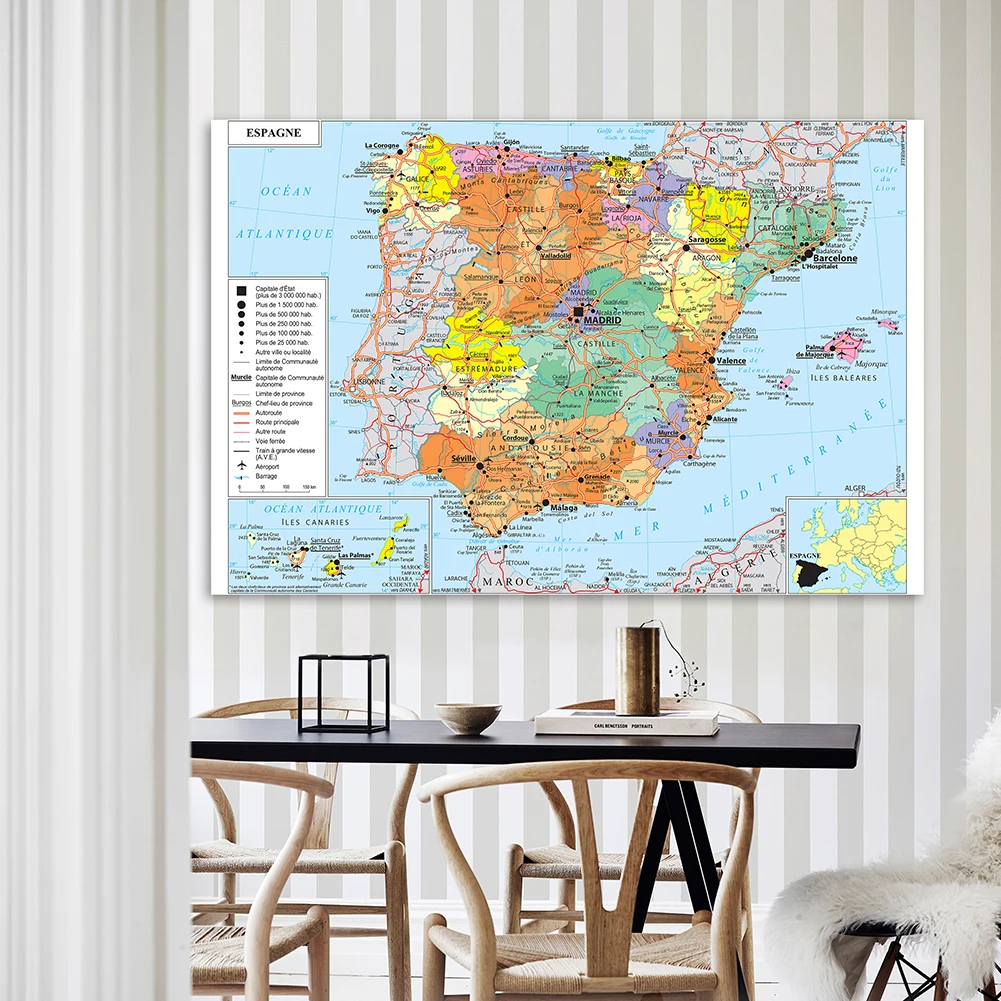 Mapa de transporte da espanha, pintura em tela, não-tecido, detalhada, grande, material escolar, 225x150cm