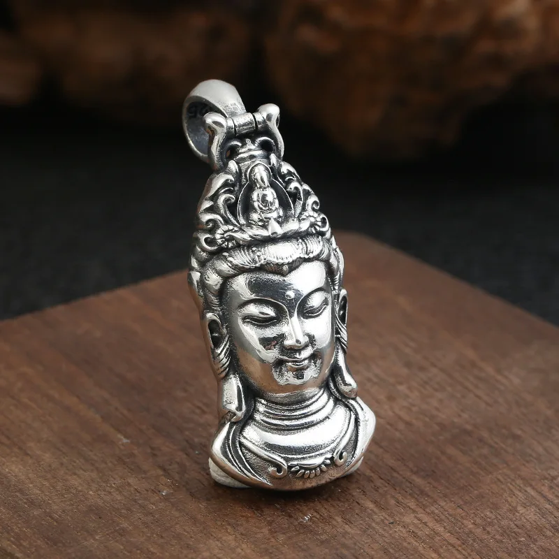 BOCAI Pure S925 Silver Jewelry Retro Personality Creative Avalokitesvara Bodhisattva Pendant for Men and Women Good Luck