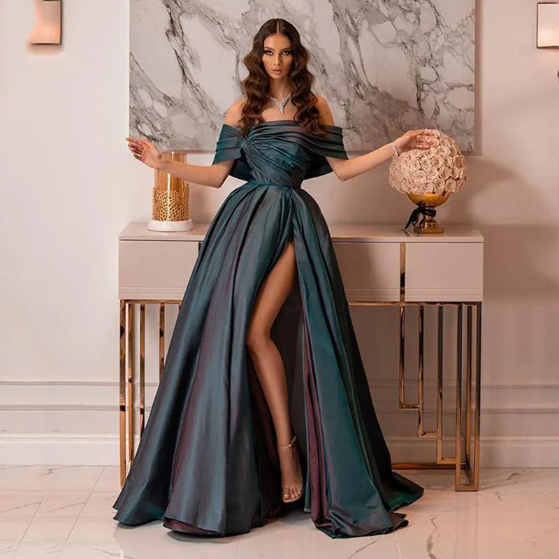 Hot High Side Split Satin Evening Dress Long Off The Shoulder Formal Prom Gown Dubai Vestidos Robe De Soirée