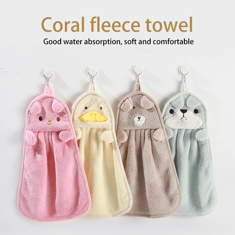 

Hangable Coral Fleece Hand Towel Cartoon Animal Hand Towel Kitchen Bathroom Absorbent Towel Handkerchiefs