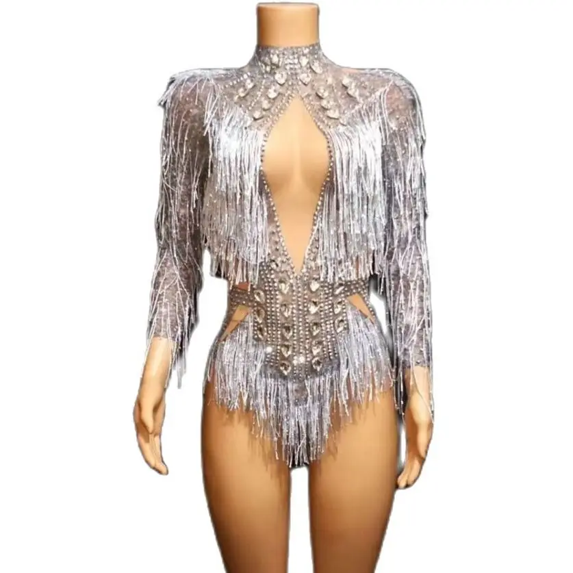 

Silver Tassel Hollow Out Sexy Bodysuits Backless Women Latin Dancer Birthday Costume Nightclub Singer Party Drag Queen Outfit