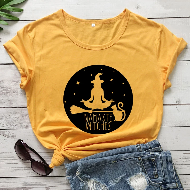 Namaste witches-女性のためのヴィンテージコットンTシャツ,ハロウィーンのパーティーシャツ,女性のための面白い魔女の瞑想,ヨガワークトップ,シャツ100%