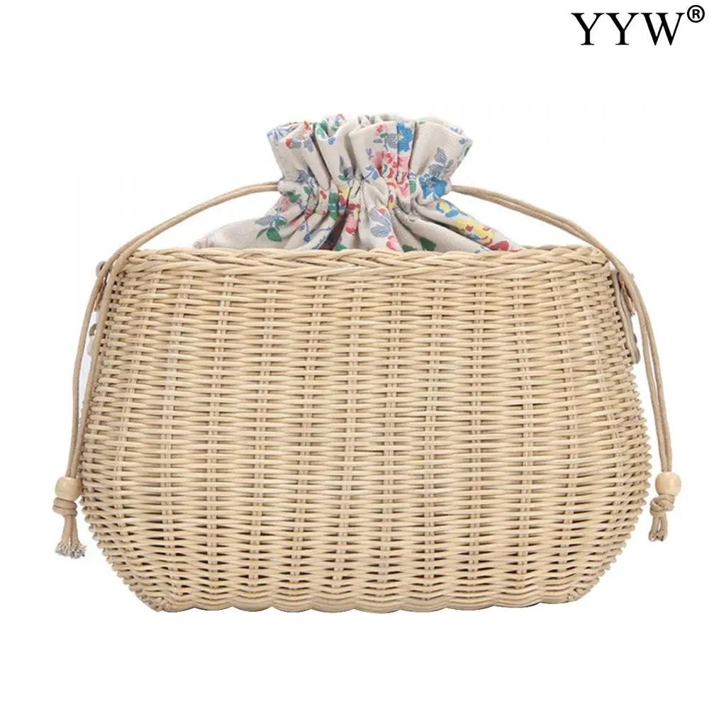 Straw Bag Women Woven Shoulder Bag Flower String Bow Rattan Bag Big Capacity Drawstring Casual Beach Shoulder Crossbody Bag