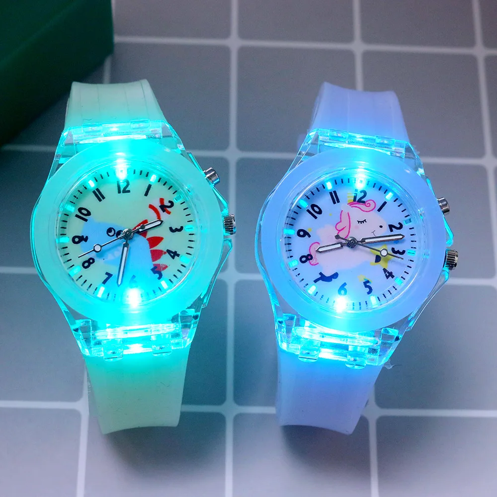 New Cute Cartoon Flash Light Kids Watches for Girls Boys Rubber Strap Rabbit Dinosaur Children Watches Clock reloj infantil