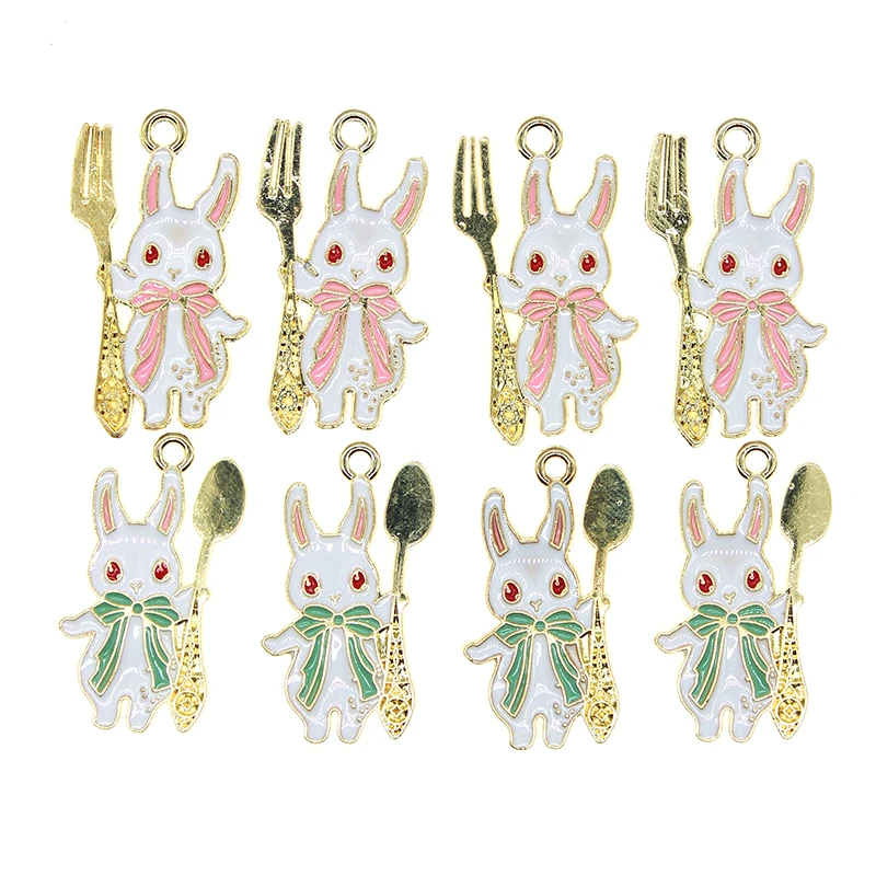 10pcs/lot Cute Enamel Bunny Holding Cutlery Spoon Fork Charm Radish Rabbit Bow For Earrings Necklace Bracelet DIY Jewelry Making