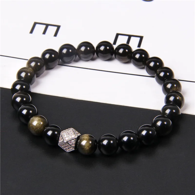 High Quality Natural Black Tourmaline Obsidian Beads Bracelet Fashion CZ Metal Square Charm Bracelet Jewelry for Women Men Gifts