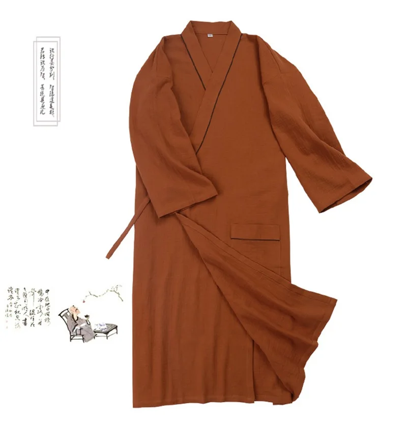 Chinese Traditional Soft Robe Loose Woman or Man Pajamas Kimono Long Bathrobe Cotton Gown Sleepwear Vintage Ethnic Monk Clothing