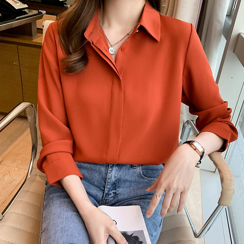 Solid Women\'s Shirt Chiffon Blouses for Women Full Sleeve Button Up Tops Polo Neck Woman Blouse Tops Female 2022 Basic Shirts OL