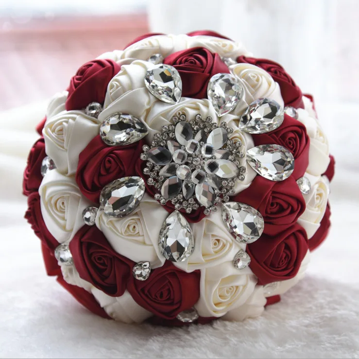 

Burgundy Large Size Bridal Bridesmaid Wedding Diamond Bouquet Romantic Bridal Holding Fowers Bouquet buque noiva