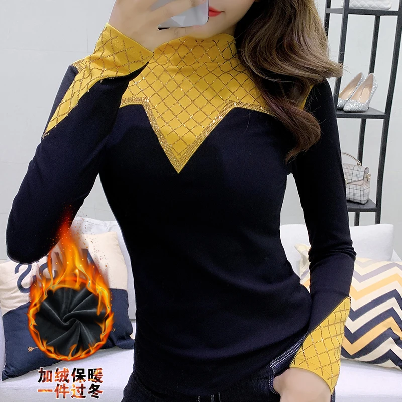 MadBlack Fall Winter Clothes Lady Thick T-Shirt Chic Sexy Color Blocking Shiny Diamonds With Fleece Tops All Match Tees T10004A