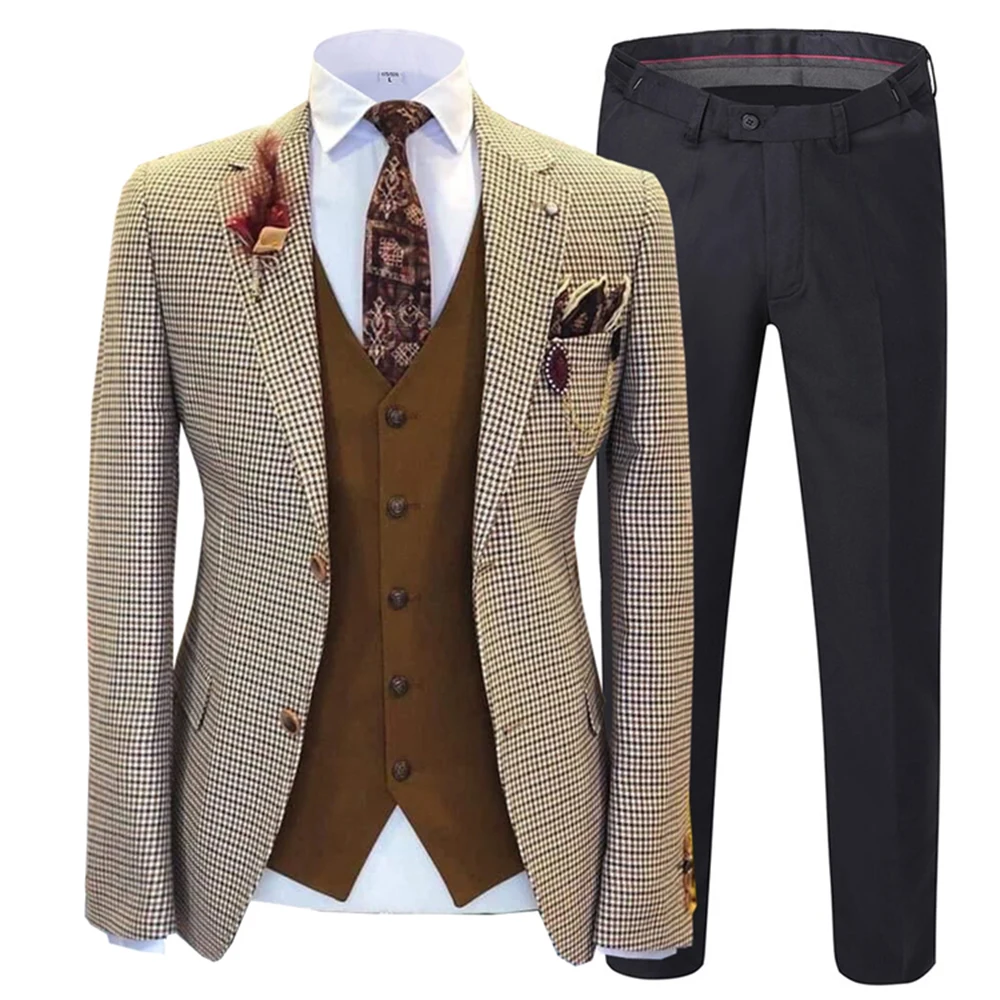 

Men's Plaid Suits Business Plaid Dogtooth Design 3 Piece Shawl Lapel Tweed Prom Tuxedos Wedding Groomsmen (Blazer+Vest+Pants)