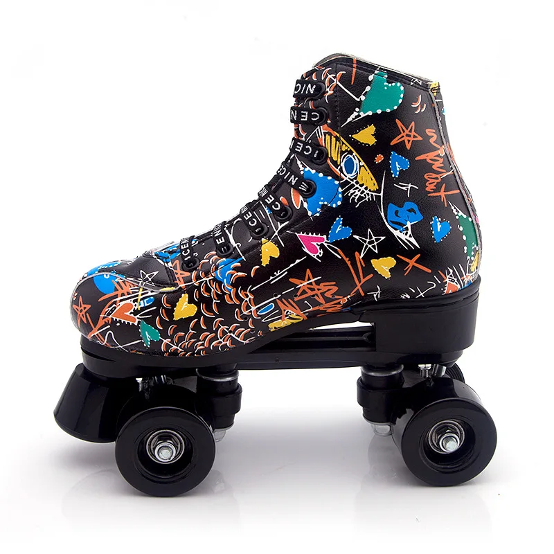 Women Gril Quad Graffiti Leather Figure Roller Skates Double Line Skates Adult 2 Line Skating Shoes White 4 Wheels Flash