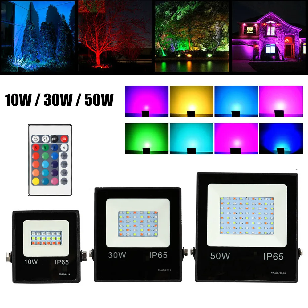 10W 30W 50W RGB LED 투광 조명 방수 AC 220V + 원격 16 색 변경 야외 정원 마당 스포트라이트 반사판 램프, 스포트라이트 조명 아웃도어 조명