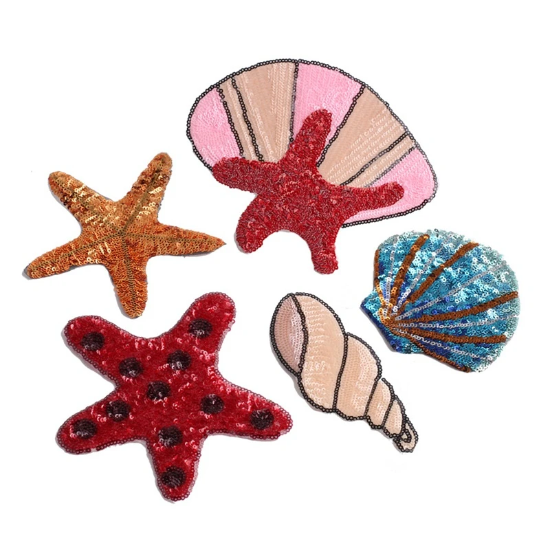 NEW Design Starfish Shells Sequins Sew On Patches for Clothes DIY Patch Applique Bag Clothing Coat Sweater Crafts Decor