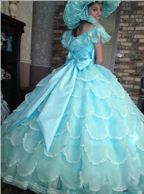 Vintage Light Blue Ball Gown Quinceanera Dresses 2020 Organza Ruffles Tiered Girls Pageant Gowns Floor Length Prom Evening Dress