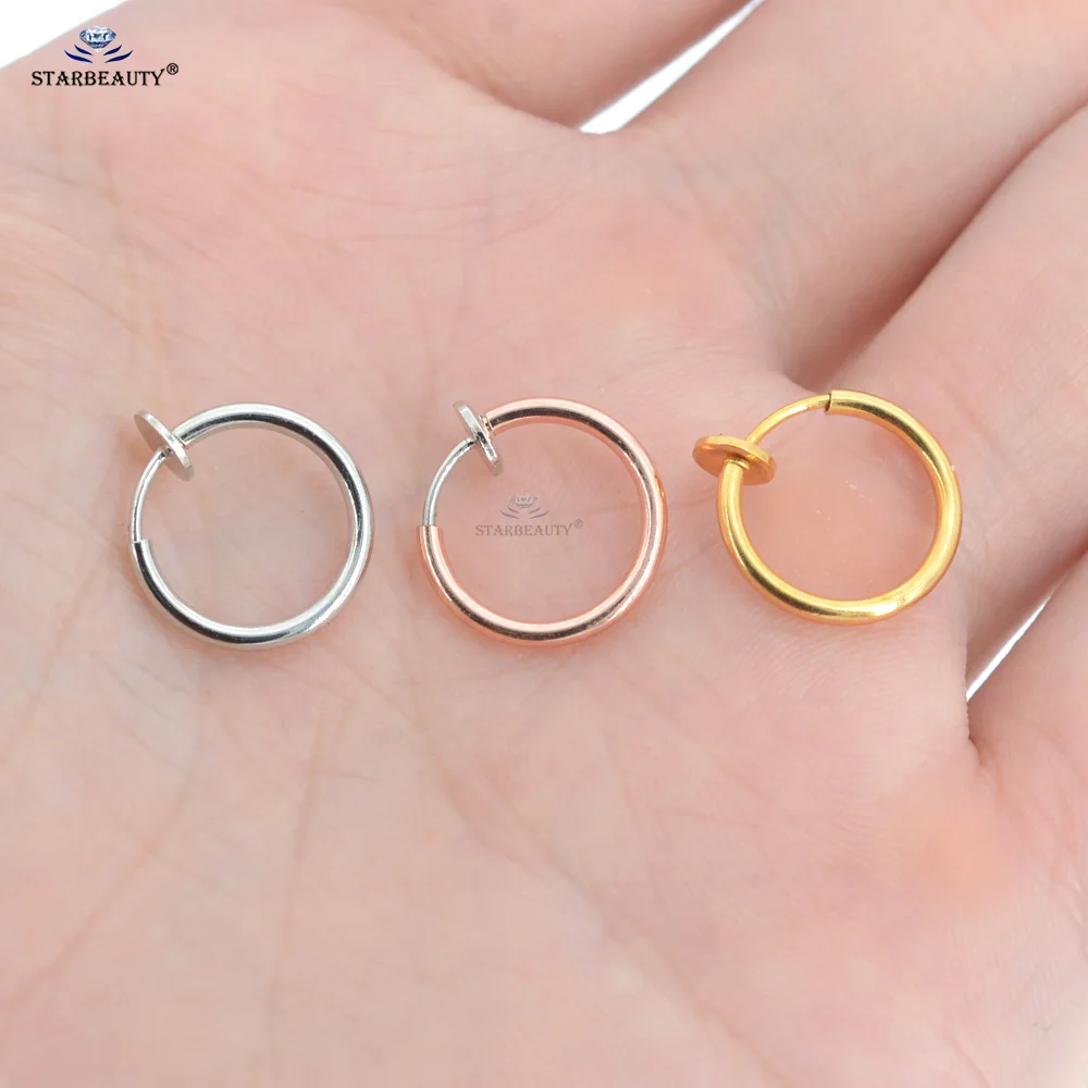 Starbeauty 2Pcs 0.8x10mm Labret Piercing Lip Fake Nose Ring Hoop Septum Rings Faux Nose Piercing Ear Clip Earrings Helix Jewelry