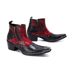 Real Crocodile Leather Men Cowboy Ankle Boots Rivets Motorcycle Short Boots Increase Height Party Dress Boots Sapatos Social