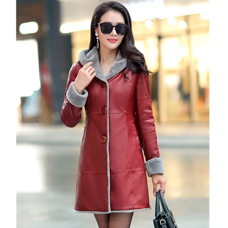 UHYTGF Leather Jacket for Coat Womens Winter leather jacket Women Hooded Fleece Coat Warm Long Leather Coat Female Outerwear 520