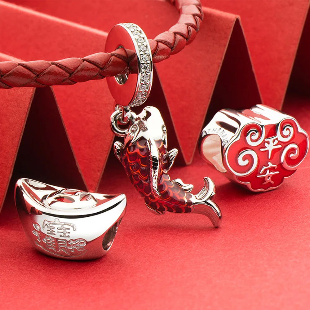 ATHENAIE Chinese Good Fortune Carp Fish Pendant 925 Sterling Silver Red Enamel Dangle Charms for Bracelet and Necklace New Year