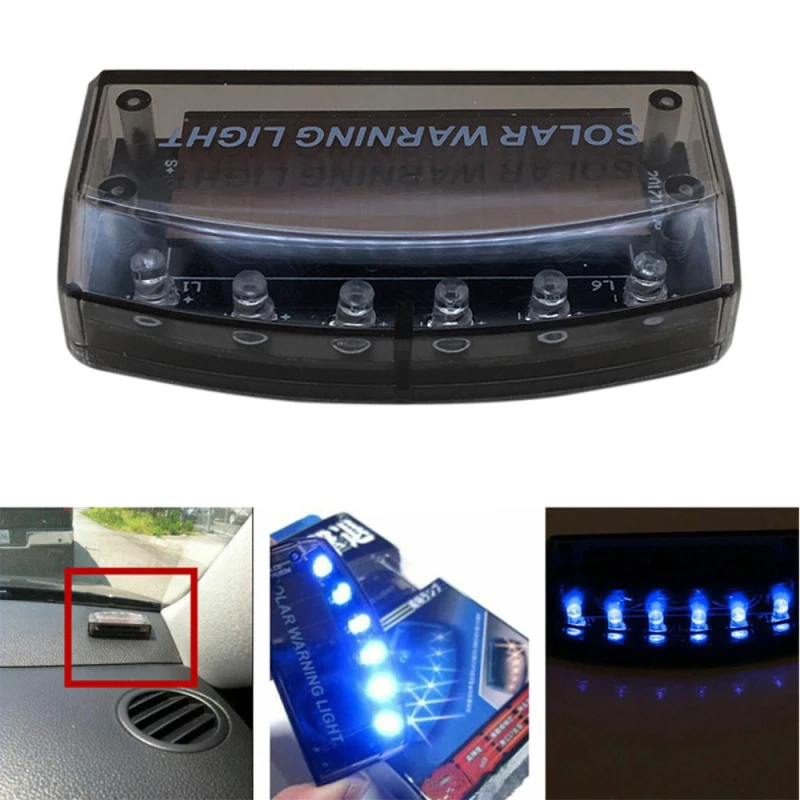 

6 LED Car Theft Alarm Warning Light Solar Powered Anti-Theft Flashing Light Blue Car Burglar Alarm Light Strobe Lights Auto Part