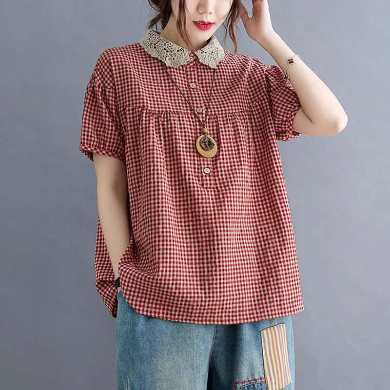 

Women Cotton Linen Casual Shirts New 2021 Summer Vintage Style Peter Pan Collar Plaid Print Loose Female Tops S3791