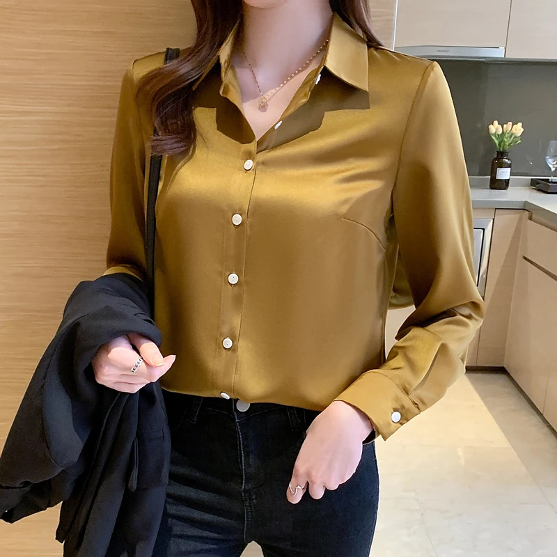 2022 Herfst Witte Top Vrouwen Office Lange Mouwen Satin Shirt Button Solid Shirt Franse Lange Mouwen Vintage Blouse vrouwelijke Nieuwe 17380