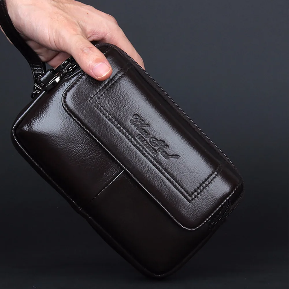 Men Clutch Wallet Wrist Handy Bag Genuine Leather Fashion Casual Real Cowhide Male Cell/Mobile Phone Case Money Belt Bag Purse