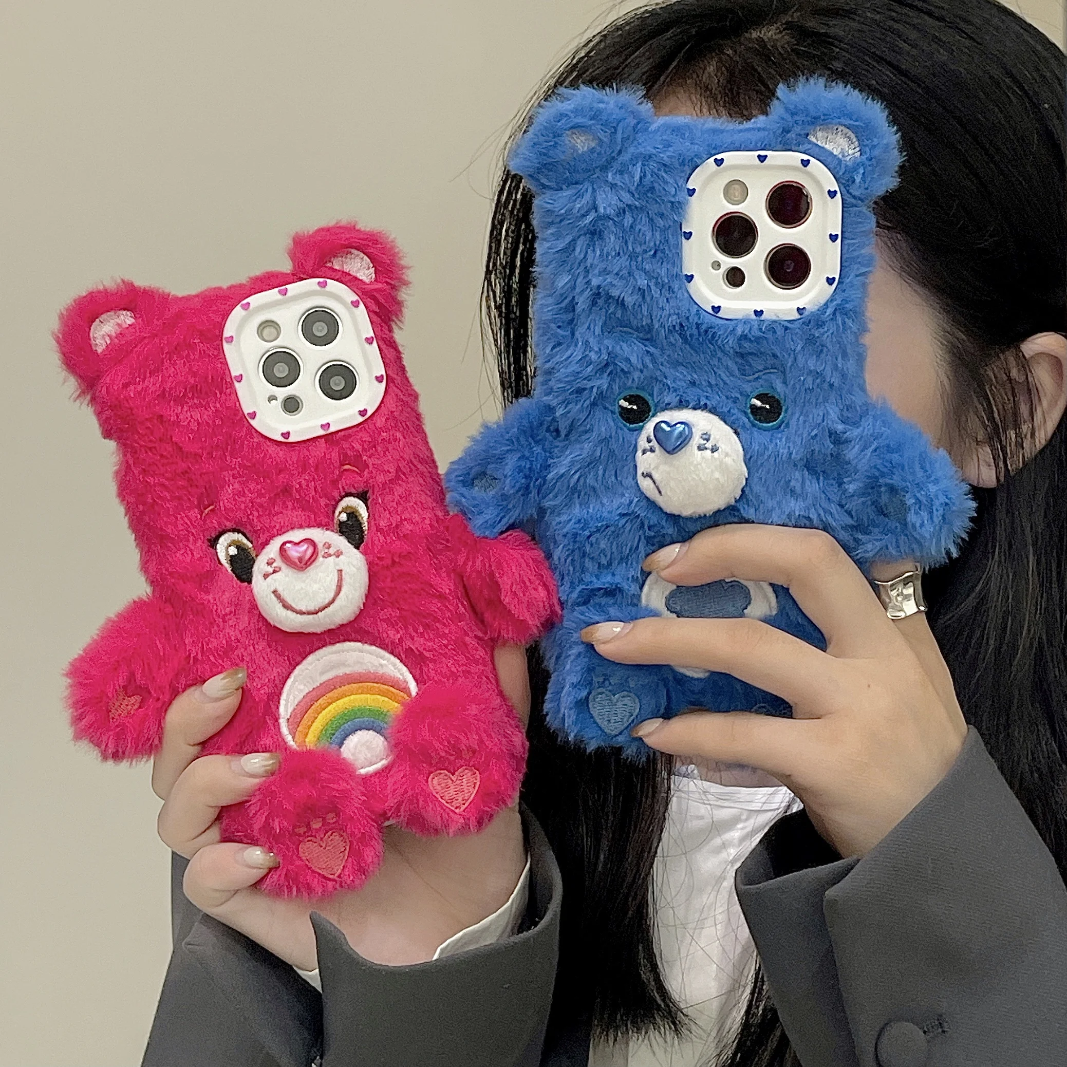 Korean Girl Bear Plush Phone Case for iPhone 13 12 11 Pro Max X 7/8 Plus XS Max Warm Shockproof Protective Soft Back Cover