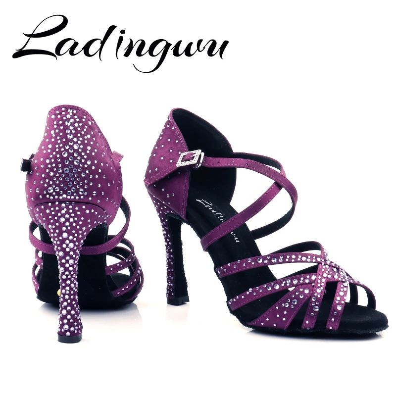 Ladingwu-zapatos de baile latino para mujer y niña, calzado de Salsa, Tango, deportes de interior, baile de salón profesional violeta, novedad