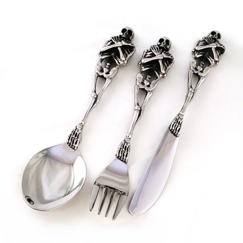 Exquisite 316L Titanium Steel Whole Body Skeleton Cutlery Steak Pasta Tableware Dark Skeleton Shape Spoon