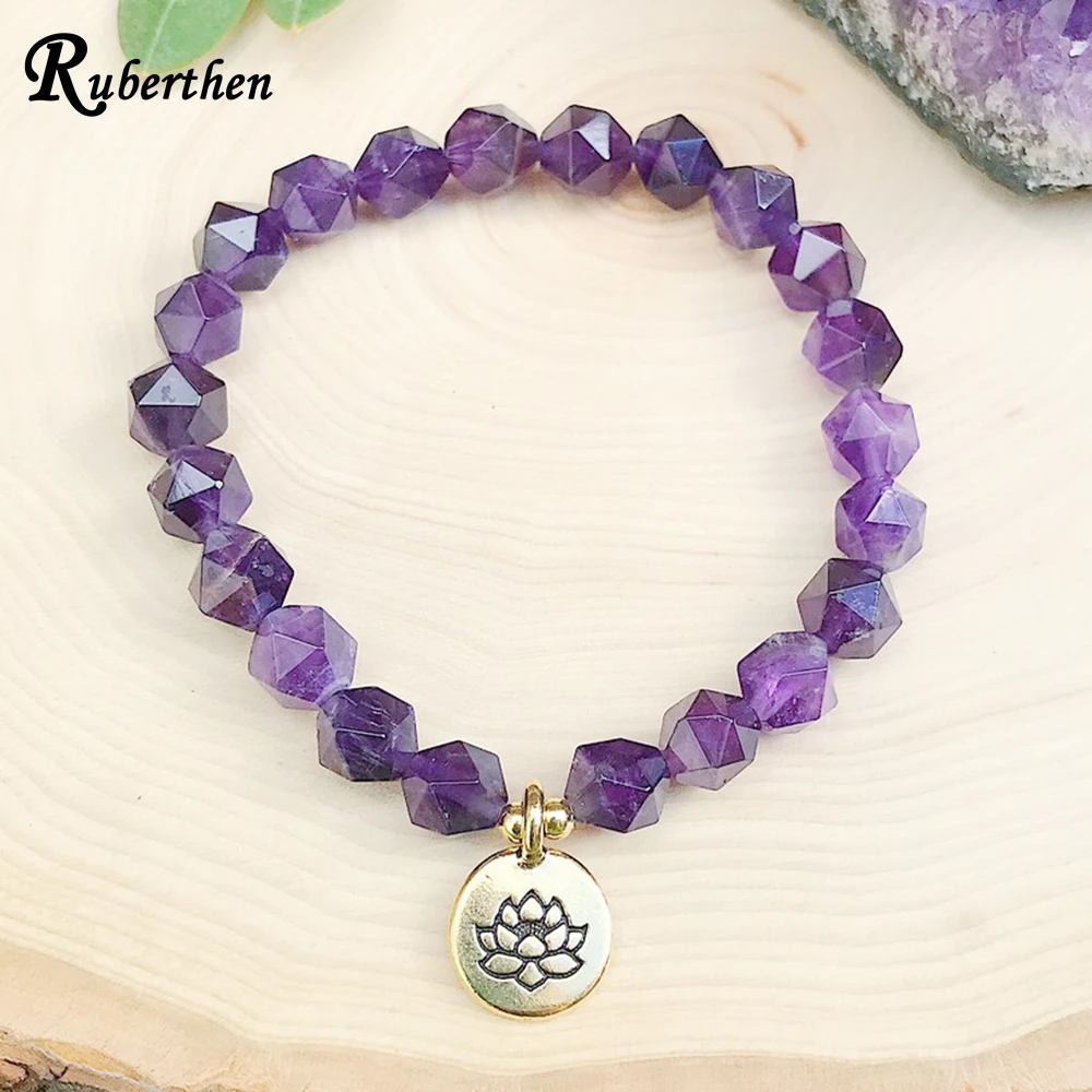 Ruberthen Amethys t Star Cut Bead Lotus Charm Bracelet Spiritual Healing Crystals Jewelry Yoga Reiki Energy Bracelets