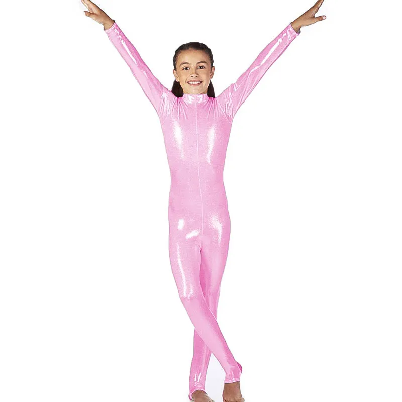 Speerise Kids Shiny Spandex Bodysuit Stirrup Second Skin Metallic Nylon Catsuit Zentai Unitard Long Sleeve Gymnastics Sportswear