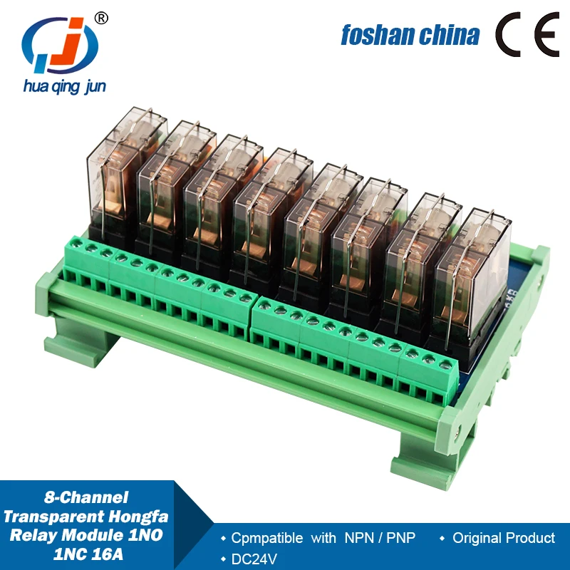 Relés hongfa transparentes de 8 canais, 1no 1nc dc 24v, módulo de relé 16a, relés eletromagnéticos para expansão plc