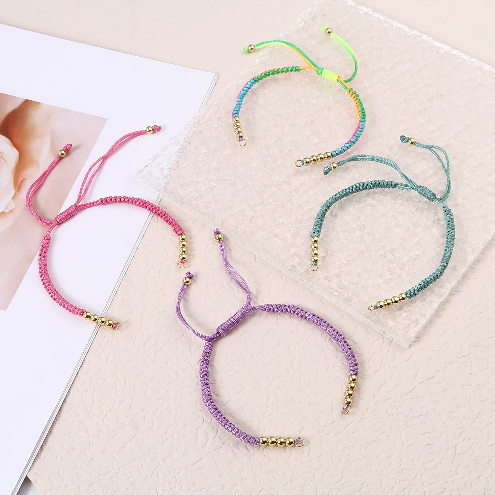 1Piece Rope Braided Adjustable Bracelets Stainless Steel Colorful Bead Polyester Handmade Bangle Diy Bracelet Findings 13cm Long
