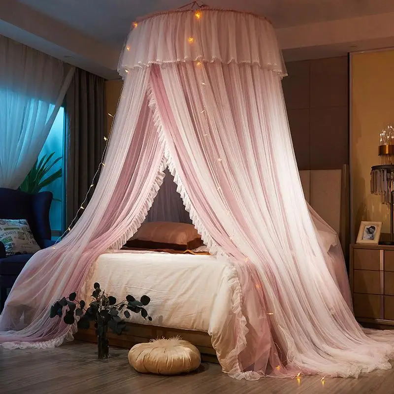 

Princess Hung Dome Mosquito Net with String Light King Queen Szie Double Layer Lace Bed Mantle Insect Reject Bed Canopy