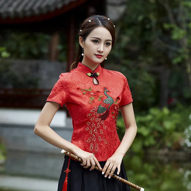 

Cheongsam Top Chinese Tang Suit Traditional qipao Clothing Short-Sleeved Amoi Peacock Ladies Embroidered Cotton Literary 2022