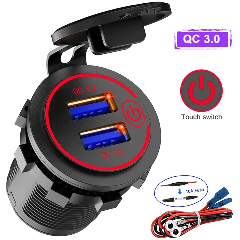 12V Usb Outlet, Dual Qc 3.0 Usb Car Charger with Switch, 36W Usb Waterproof Power Outlet Fast Charger