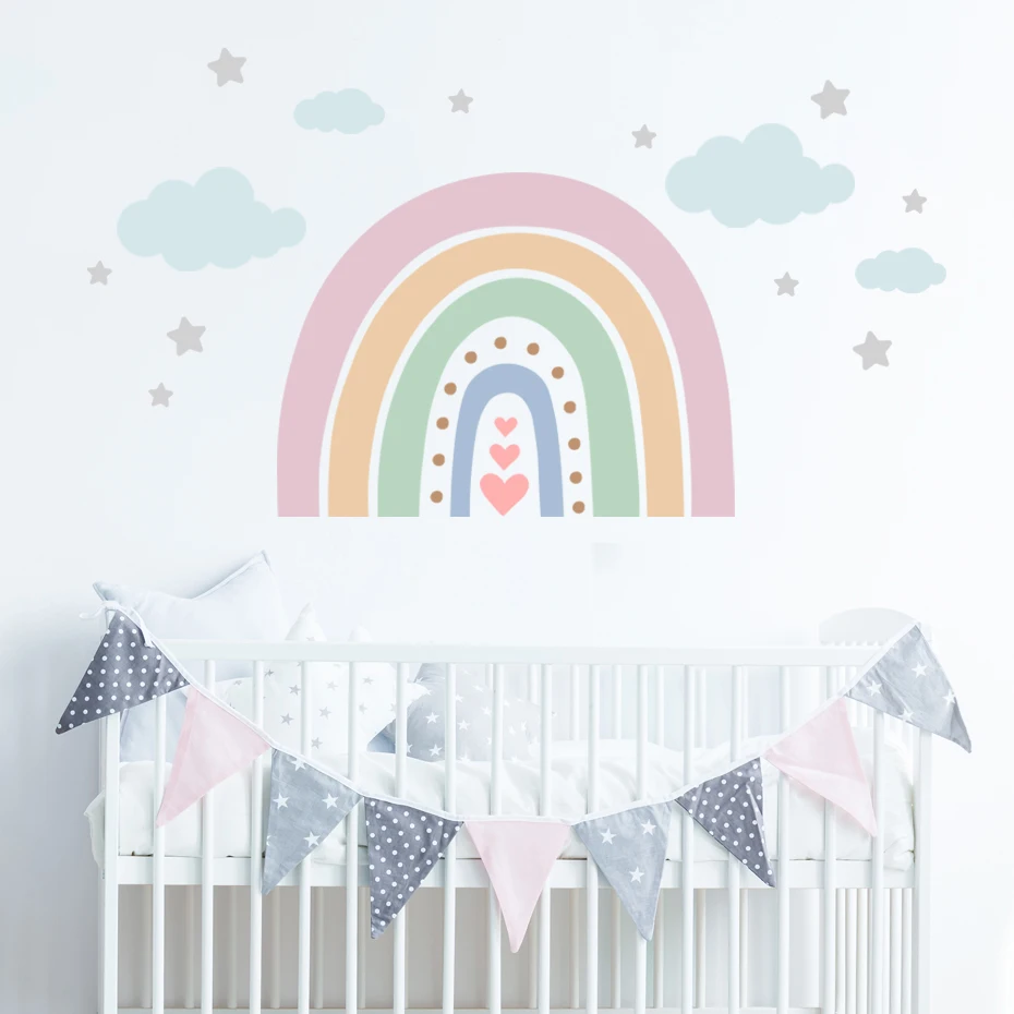 Cartoon Rainbow Polka Dot Clouds Stars Wall Stickers Removable Nursery Wall Decals Art Posters Girls Room Interior Home Decor