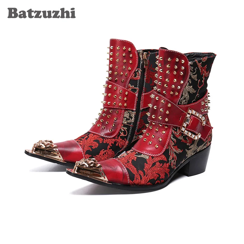 Batzuzhi Rivets Cowboy Ankle Boots Men Western Boots Men Punk Motorcycle Boots Men Party and Wedding Botas Hombre Metal Tip