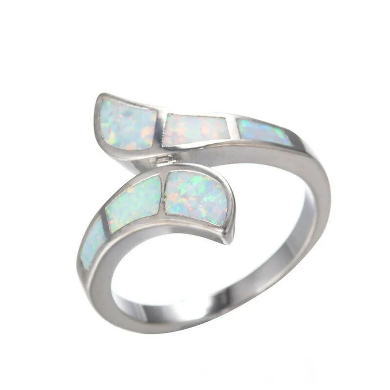 Womens Fashion Silver Blue Simulated Opal Ring Bridal Wedding Jewelry Size 6-10