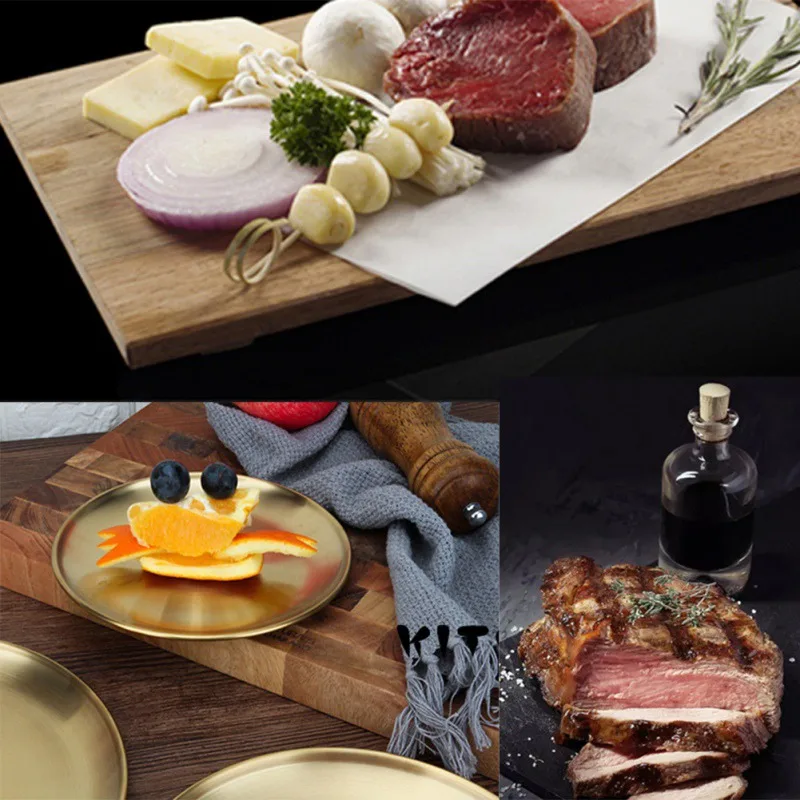 Assiette de rangement ronde en acier inoxydable doré, laiton luxueux, gâteau aux fruits, steak, collation, stockage en métal de cuisine, vente en