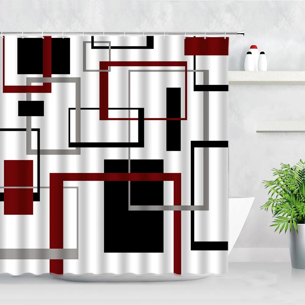 Geometric Shower Curtains Modern Red Black White Gray Square Design Fashion Home Decor Waterproof Fabric Bathroom Curtain Hooks