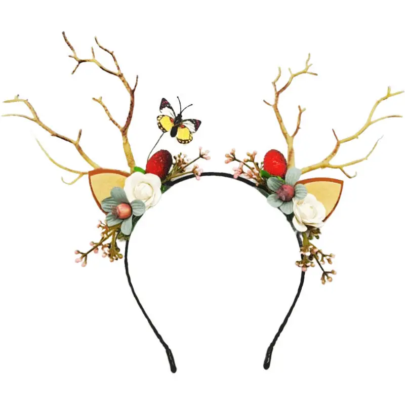 

Christmas Flower Crown Festival Headband Women Hair Accessories Headdress Deer Floral Garlands Antlers Flower Headwear