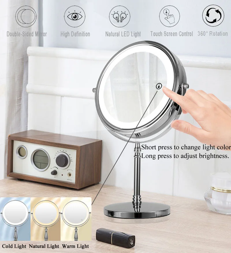 Big Size 8Inch Double Sided Vanity Makeup LED Mirror 3X Magnification , 3Colors Touch Control, Tabletop Cosmetic Mirror