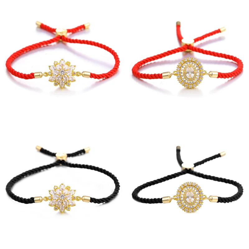 Juya Handmade Red Thread Bracelet Supplies Cubic Zirconia Flower Charm Bracelet For Women Fashion Adjustable String Bracelet