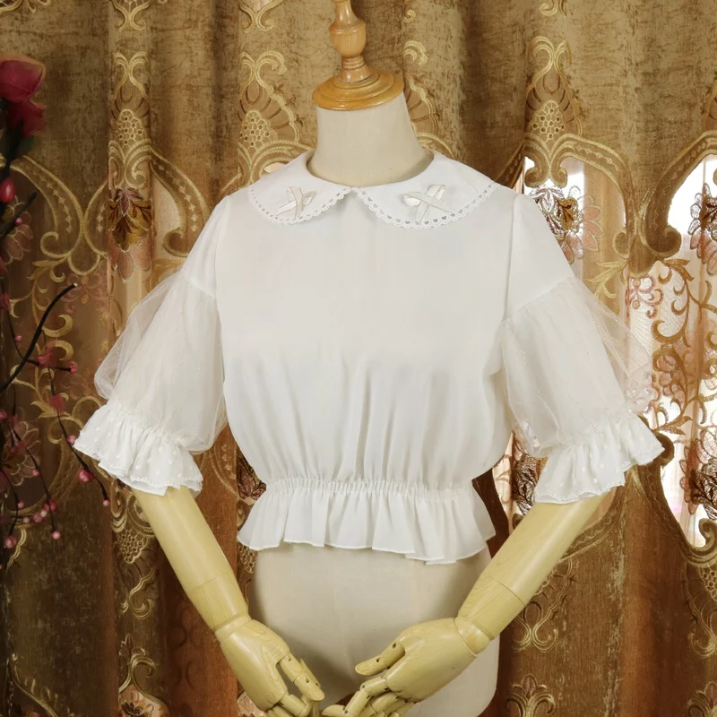 Camisas de malla de gasa gótica Lolita para chica adolescente, blusa Vintage con volantes y cuello Peter Pan, Top corto de Cosplay para mujer, blusas blancas de princesa