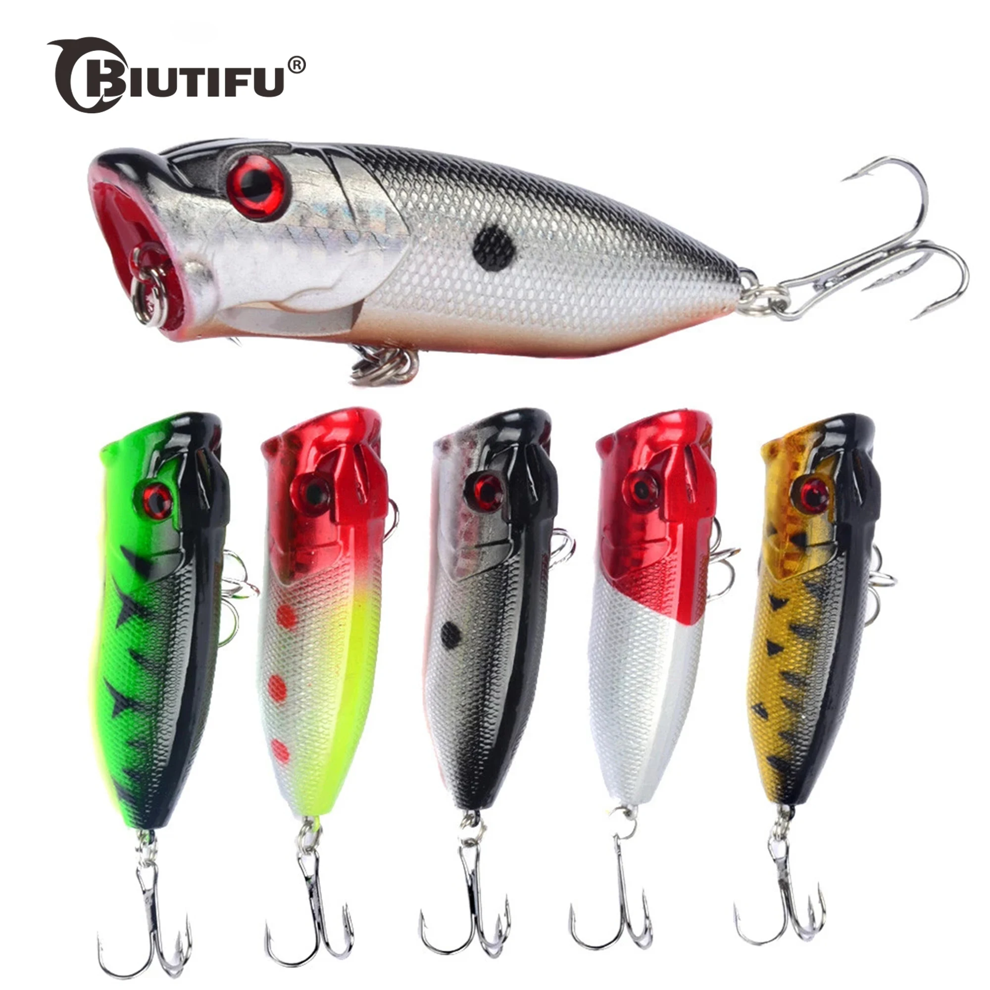 BIUTIFU-Fishing Lures Topwater Popper Bait Hard Artificial Wobbler Plastic Tackle with 6 # Hooks Cast Spinning Bait 7.2cm 12g