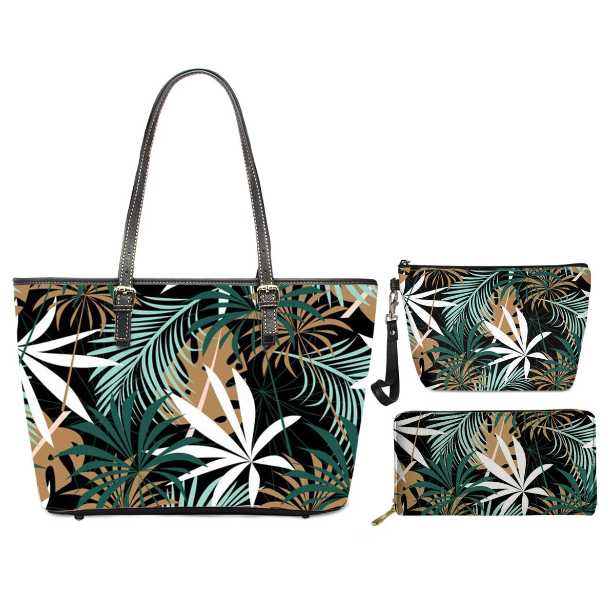 Hawaii Leaves Print Shoulder Bag for Women PU Leather Large Top-Handle Bags Girls Makeup Case Wallet 3pcs Pack