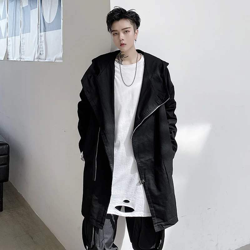 

Autumn new dark men's medium long hooded windbreaker with oblique placket zipper coat hairdresser youth Cape