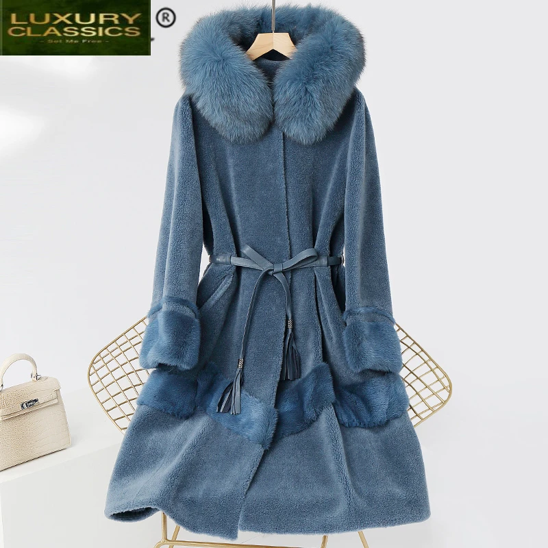 Winter Natural Fox 2021 Fur Hooded Jacket Real Sheep Shearing Female Long Coat Korean Warm 100% Wool Fur Coat Hiver JR014